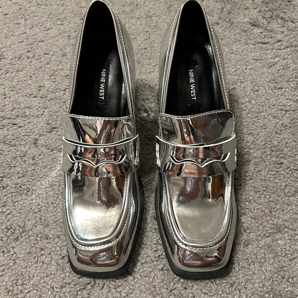 Nine West Shoes - Zest Heeled Loafers Silver Mirror Metallic 7M